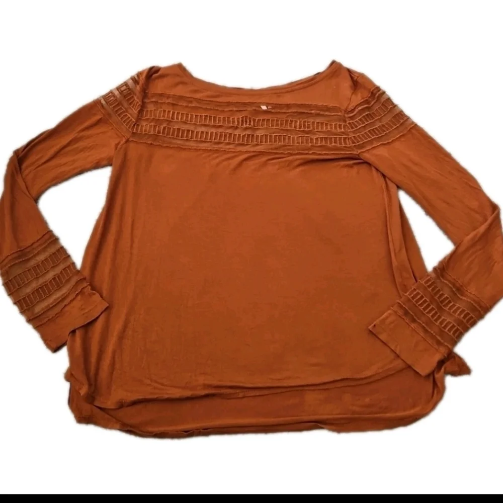 Free People Womens Brown Mesh Inset Tee Casual Trendy Long Sleeve Top S